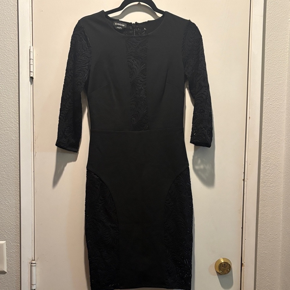 bebe Black Lace-Panel Long Sleeve Sheath Dress